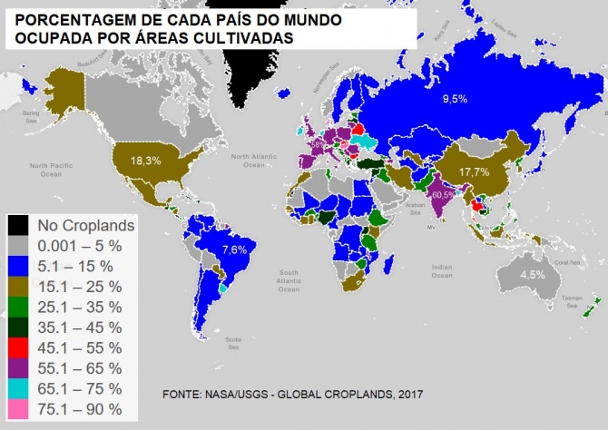 Lavouras são apenas 7,6% do Brasil, segundo a NASA